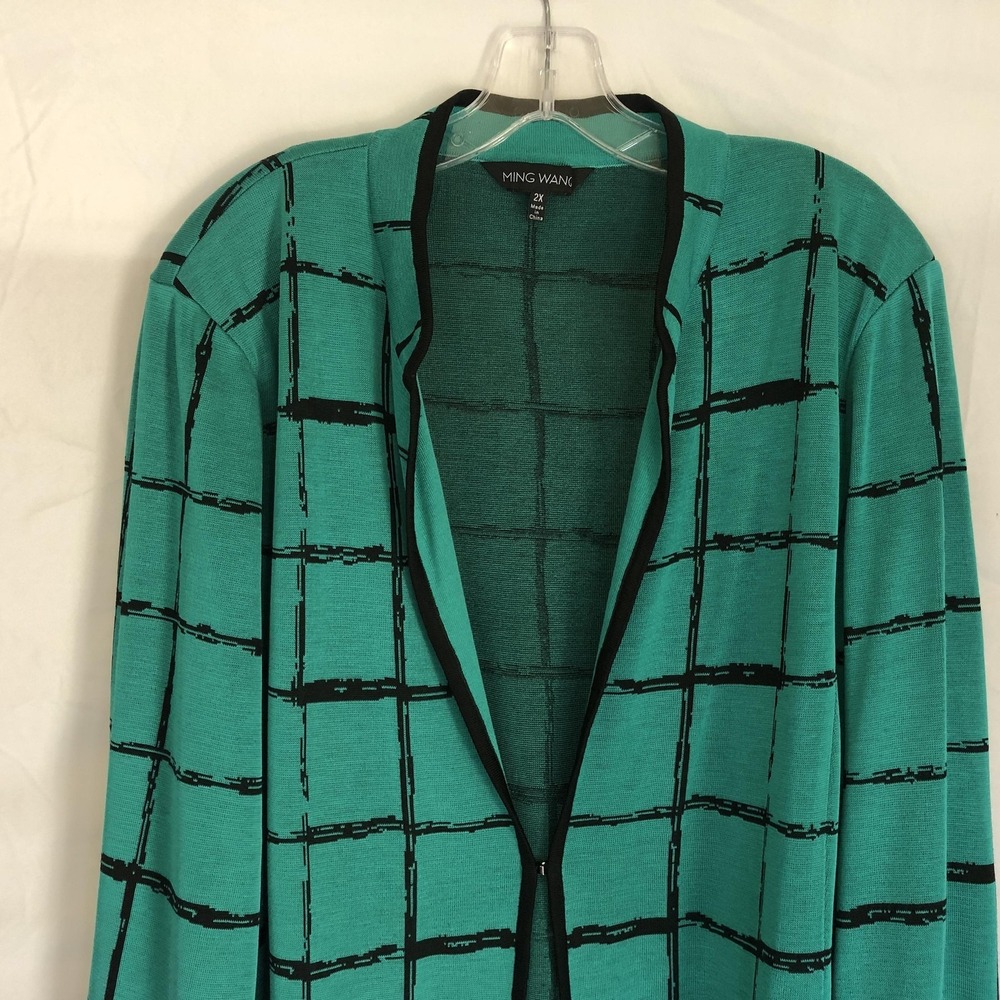 Ming Wang Cardigan Sweater Womens 2X Green Black Grid Check Knit Open Front - Picture 2 of 12